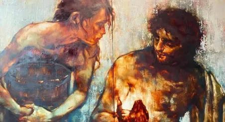 Religious painting with woman and Jesus
