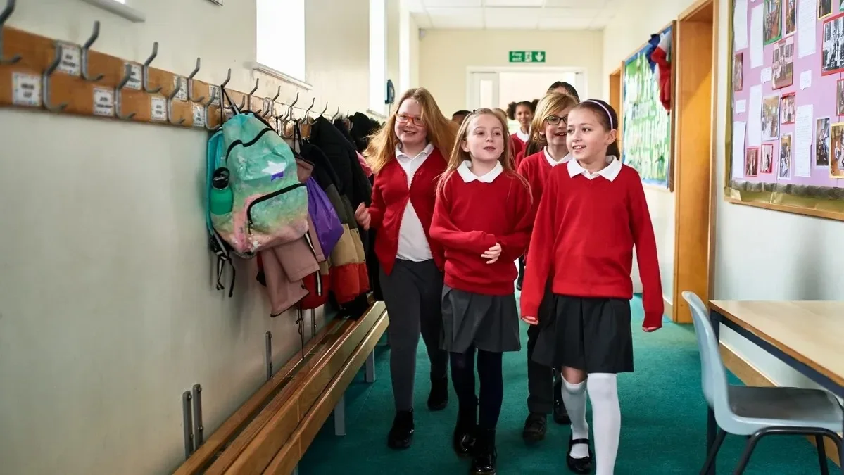 School children in a school corridor
