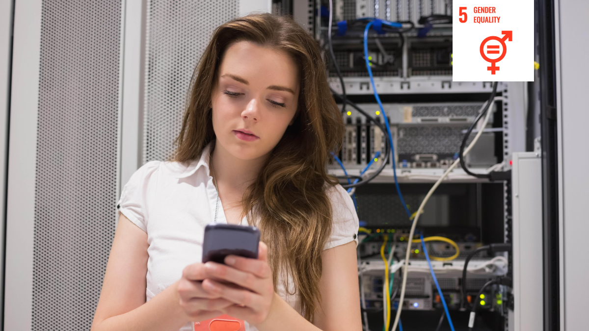 Shows a woman using a smartphone in front of network servers with a white icon signifying UN Sustainable Development goal five