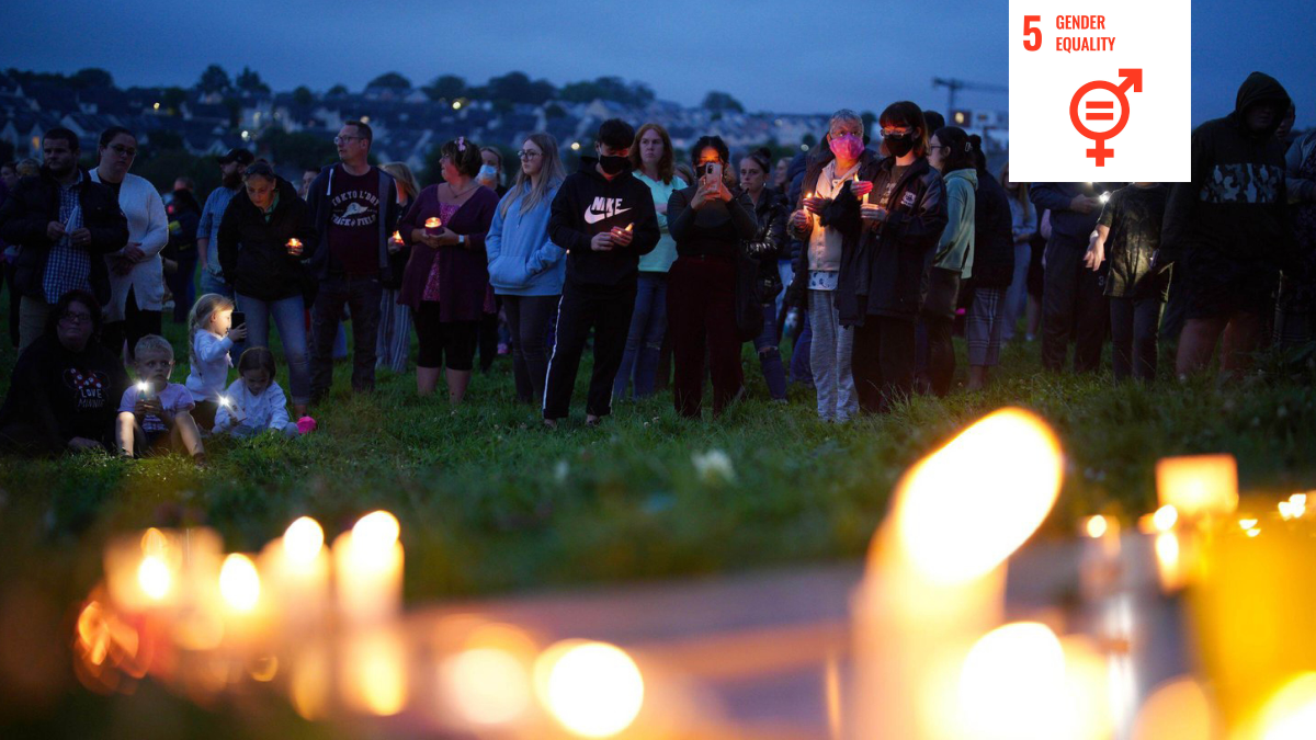 Shows vigil in Plymouth, United Kingdom following a shooting in 2021 with an icon signifying UN Sustainable Development Goal five