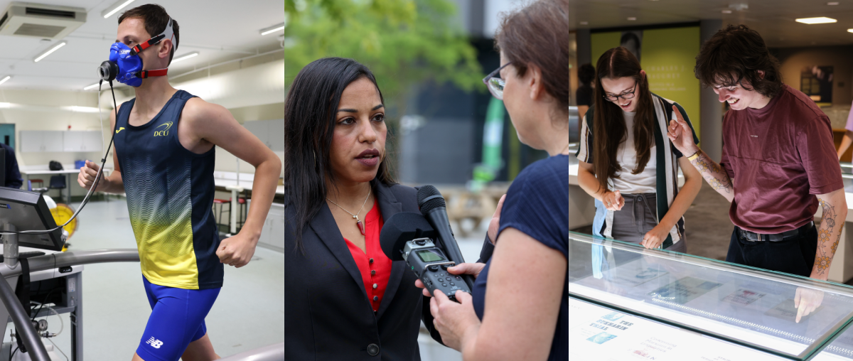 Shows three image collage left to right with student running on treadmill, a researcher speaking to media, two researchers inspecting an exhibit