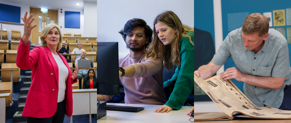 Shows three image collage left to right researcher making a presentation, two researchers using a computer, and a researchers inspecting a older text