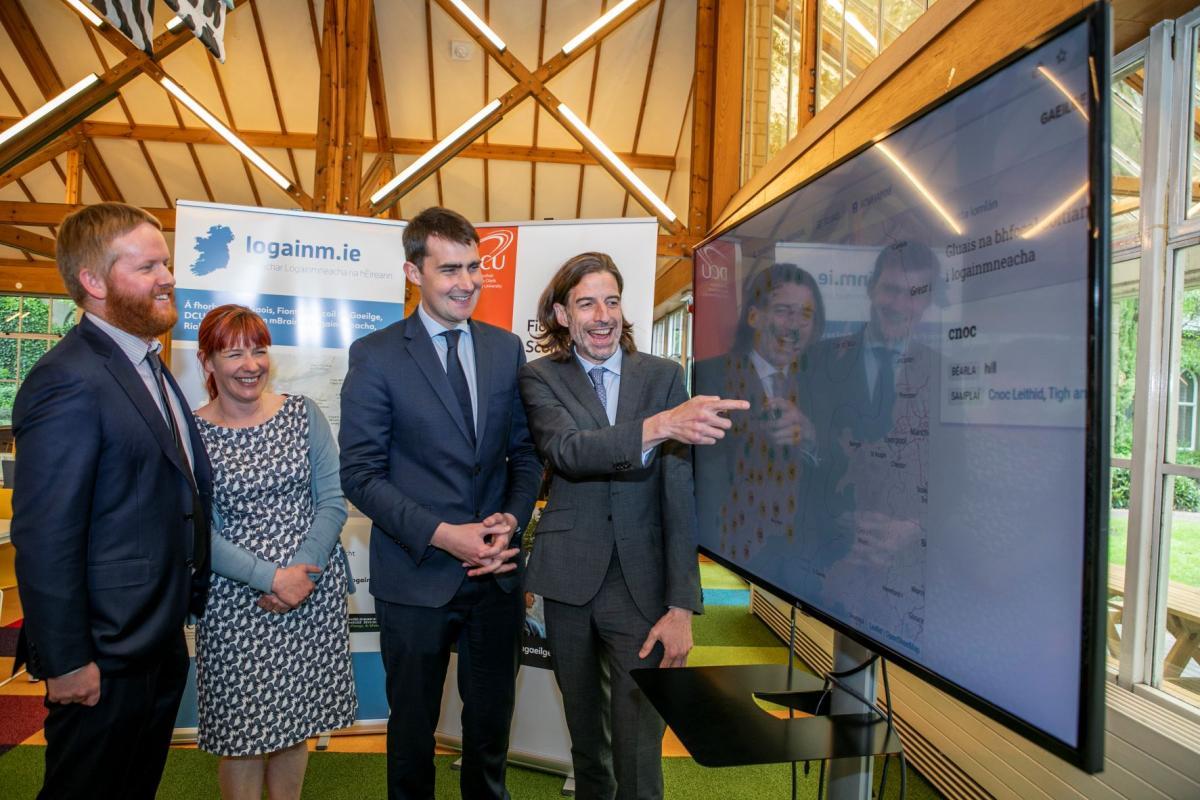 Shows members of Gaois research group and Fiontar launching a new version of the logainm irish place names site with Minister Jack Chambers