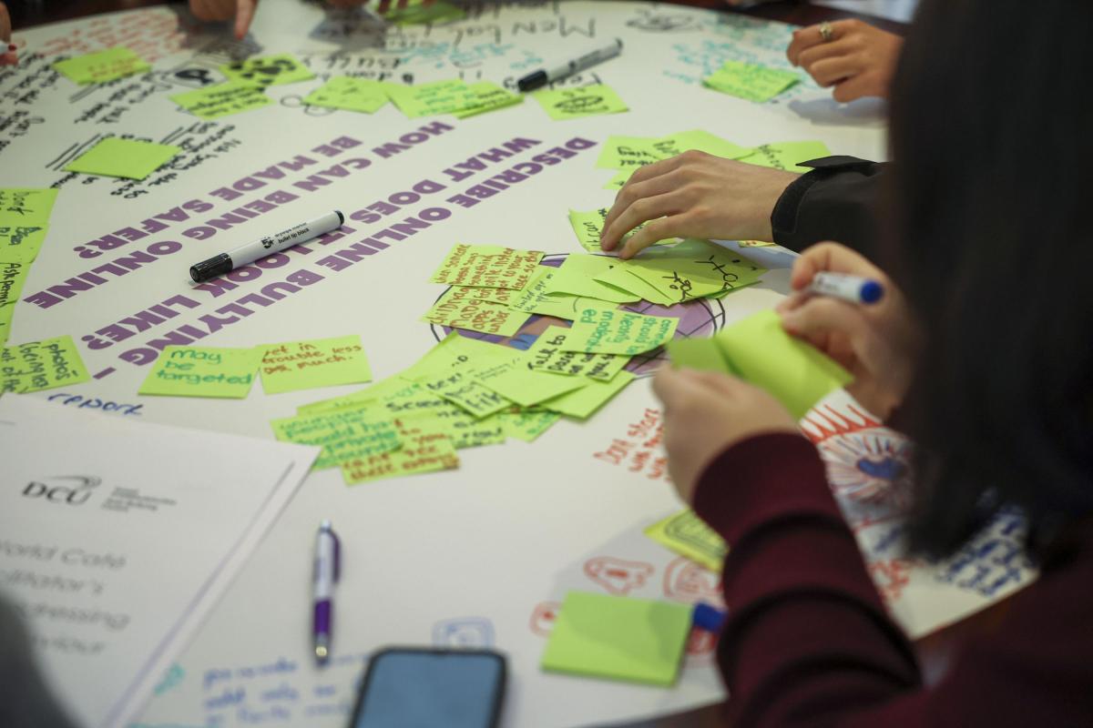 Shows students filling out stick notes with their thoughts on bullying