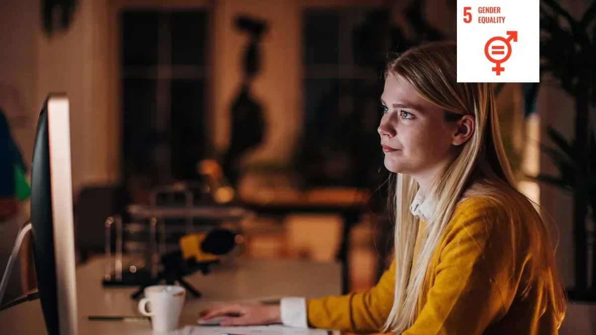 Shows woman reading from computer screen