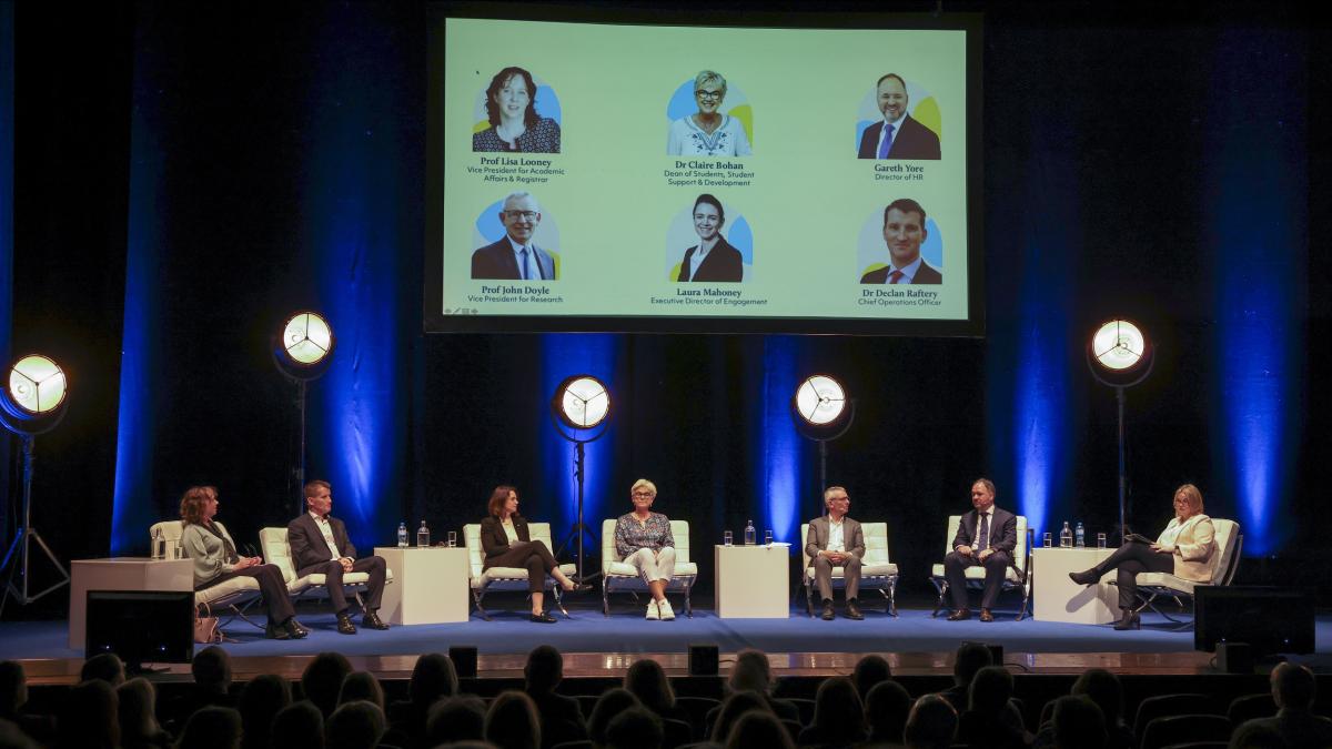 Shows pillar owners of DCU Strategy on stage for launch event in The Helix 