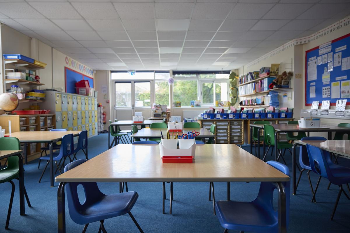 Shows an empty children's classroom