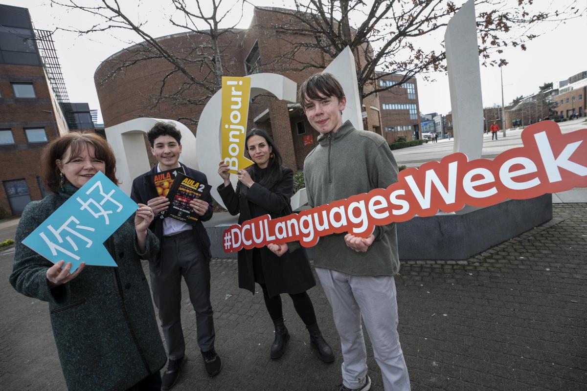 DCU Languages Week. L to R: Karen Ruddock, Director of Post Primary Languages Ireland, Diego Oberon,(14) St Aidans  CBS, Lucia Pintado-Gutierrez, Director of Outreach SALIS DCU, and Josh Mahon (14), St Aidans CBS.