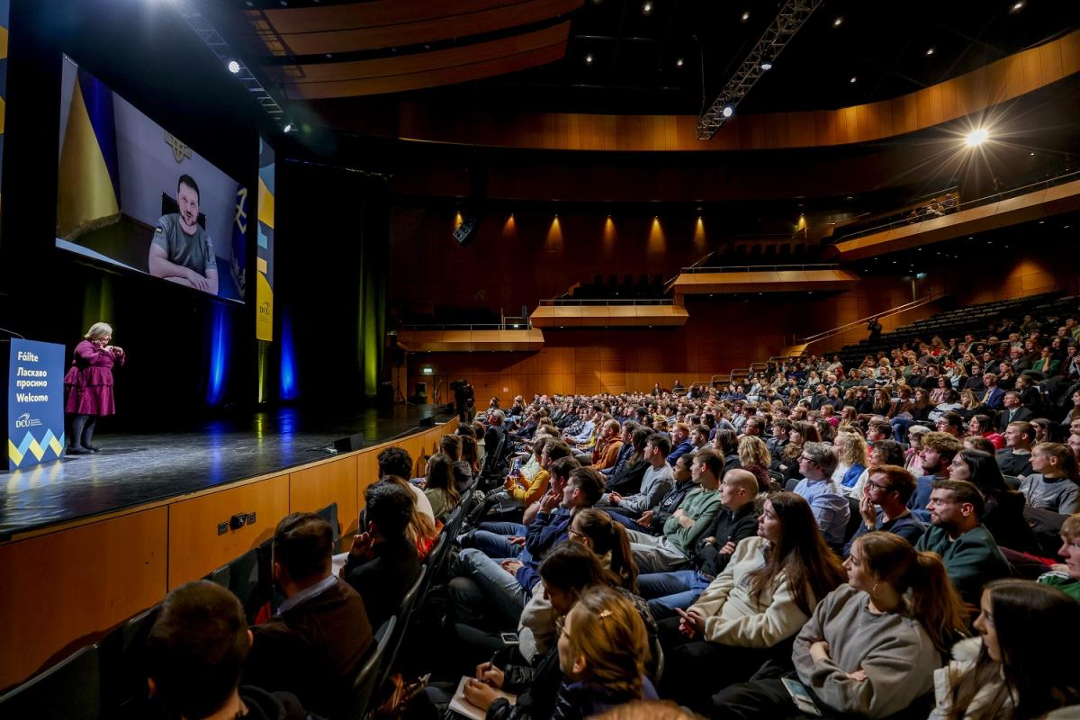 Zelenskyy addresses the students of Ireland in videolink address to The Helix