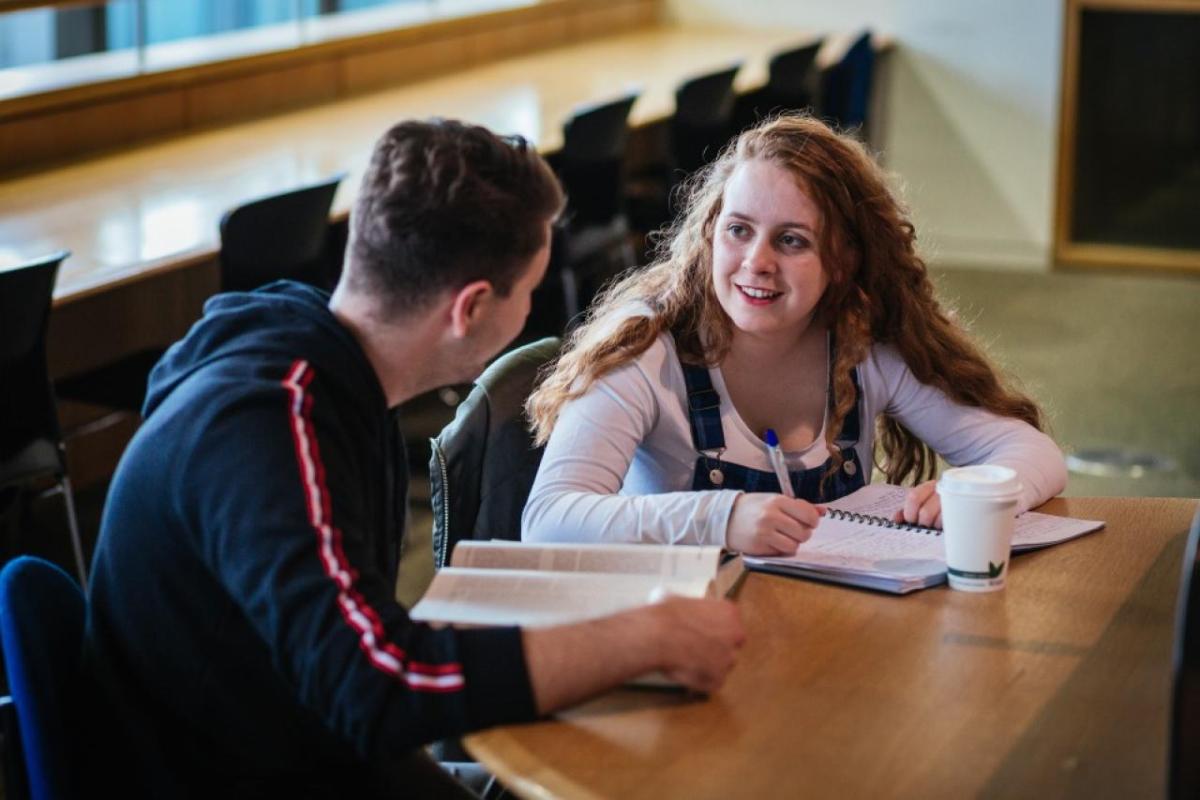 Two students collaborating at a desk