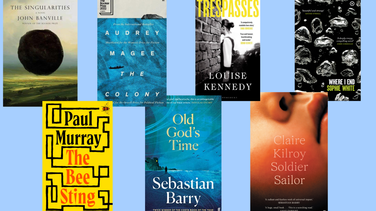 images of the following book covers: The Singularities by John Banville; The Colony by Audrey Magee; Trespasses by Lousie Kennedy; Where I End by Sophie White; The Bee Sting by Paul Murray; Old God's Time by Sebastian Barry; Soldier; Sailor by Claire Kilroy