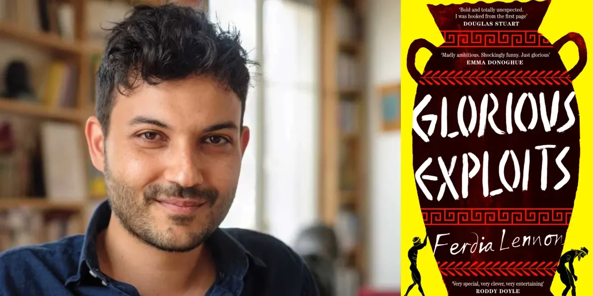split screen with book cover called 'Glorious Exploits' alongside the Author Ferdia Lennon