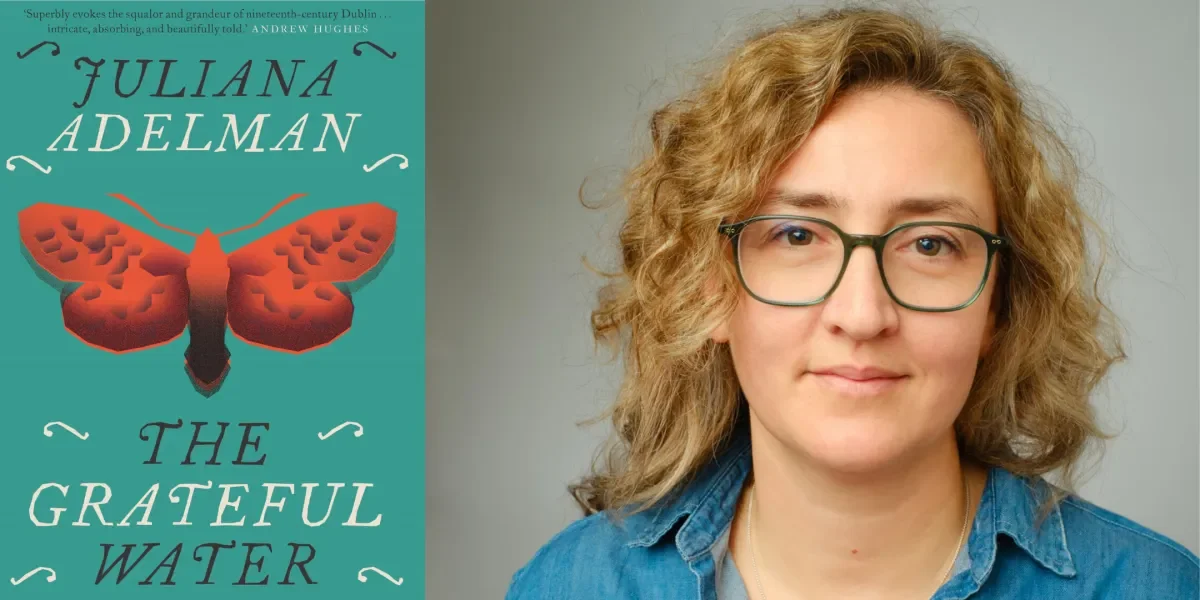 split screen with book cover called 'The Grateful Water' alongside the Author Juliana Adelman