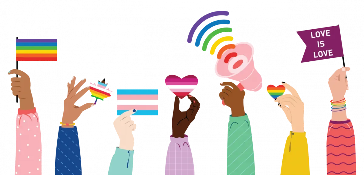 Image of arms waving colourful pride flags