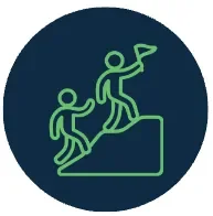 Graphic of one person leading another up a hill.