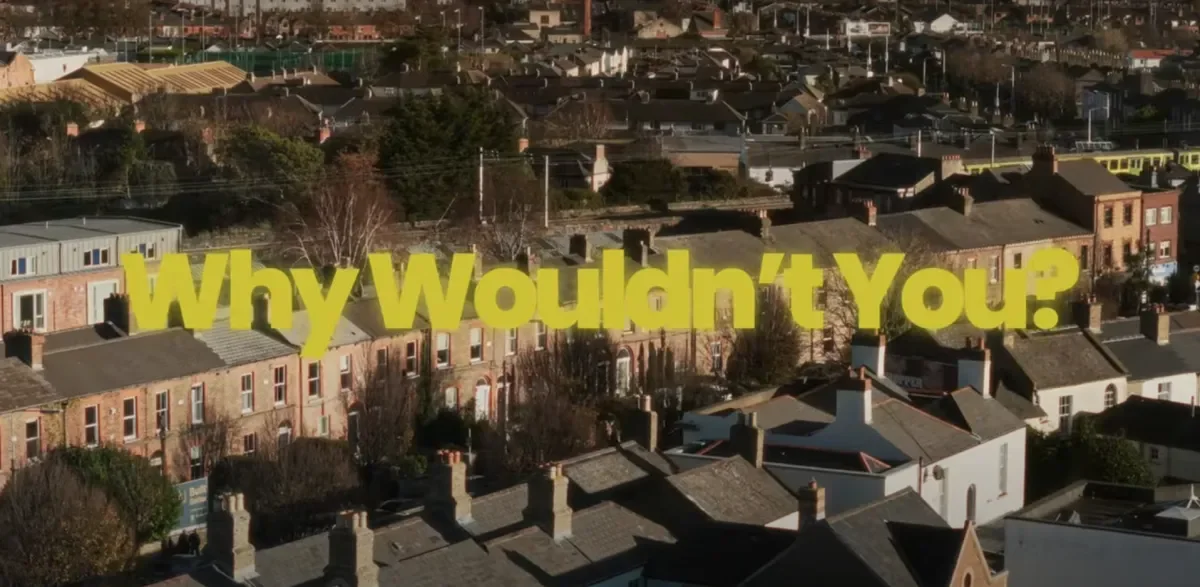 A wide view of Dublin City Centre with the title of the short film 'Why Wouldn't You?' displayed in large letters
