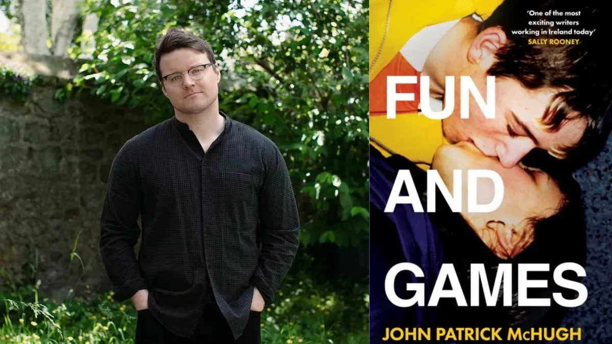 split screen with book cover called 'Fun and Games' alongside the Author John Patrick McHugh