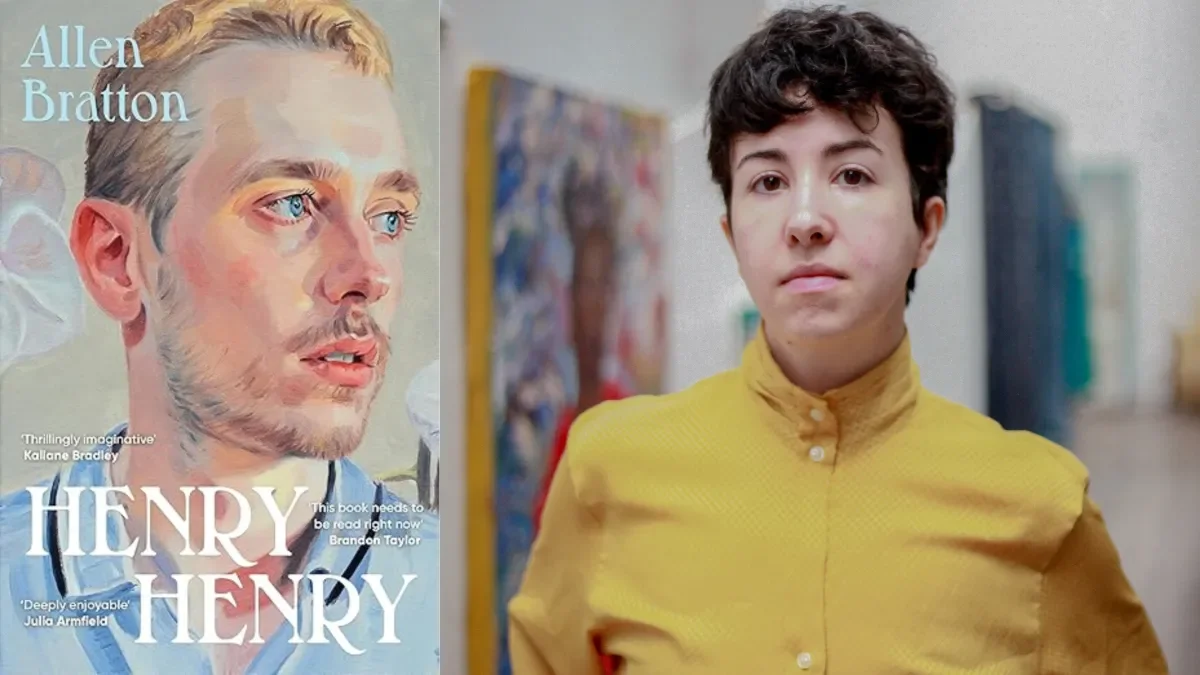 split screen with book cover called 'Henry Henry' alongside the Author Allen Bratton