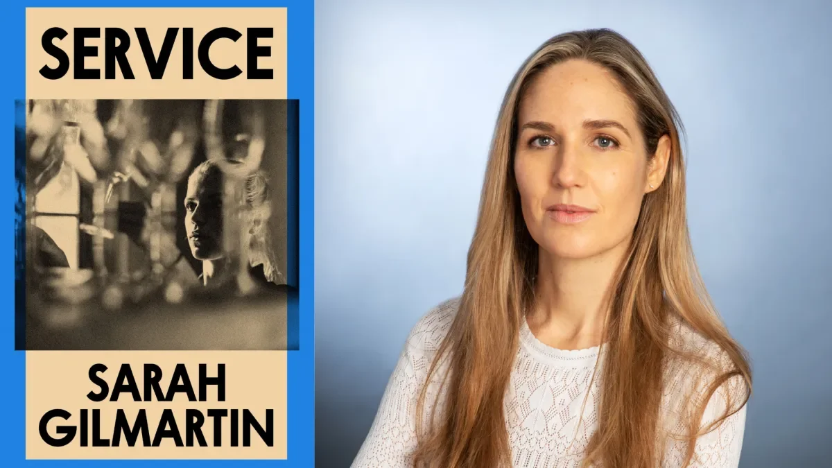 split screen with book cover called 'Service' alongside the Author Sarah Gilmartin