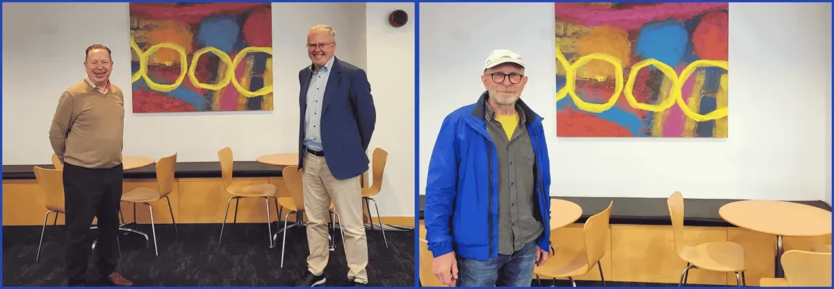 Two images side by side. Two Alumni standing in front of the artwork they commissioned and Artist John Nolan standing in front of his artwork Blurred Perception