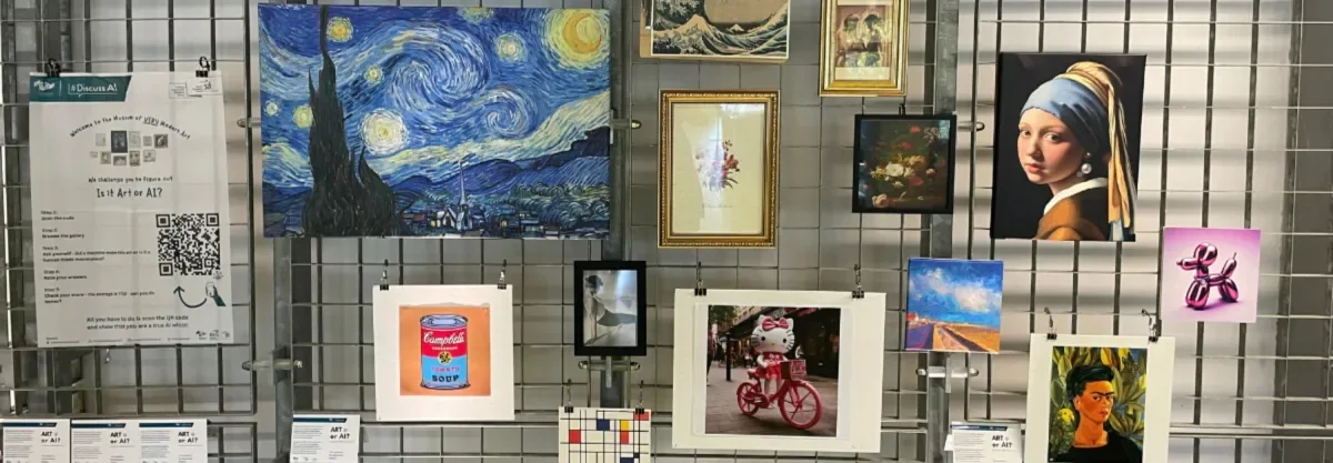 Selection of famous artworks hanging on a grid wall