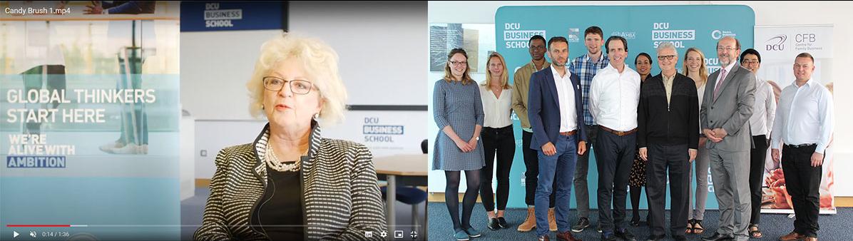 Left: Professor Candida Brush participates in our world-class family business education video series. Right: Front row (left to right): Dr Eric Clinton, Director of the NCFB; Professor Justin Craig, receiving an award for long-standing contributions to the DCU NCFB; Professor Tom Lumpkin, Former President of DCU; and Professor Brian MacCraith in 2018.