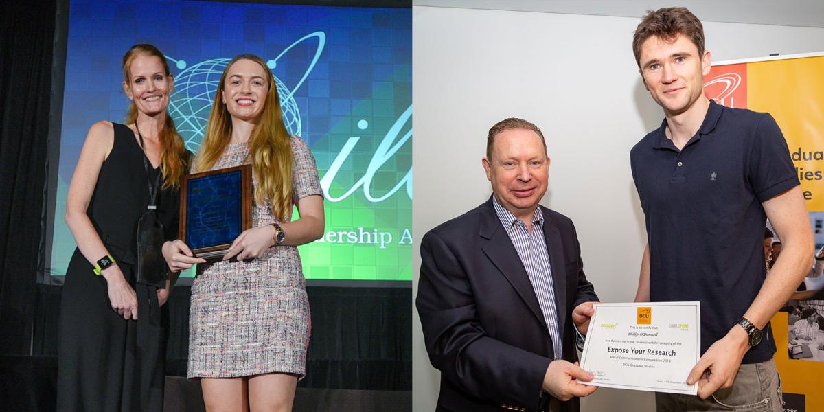 Left: Dr Catherine Faherty at the International Leadership Association conference in 2019. Right: Dr Philip O’Donnell accepting the runner-up prize at the ‘Researcher Life’ category of the Expose Your Research competition in 2018