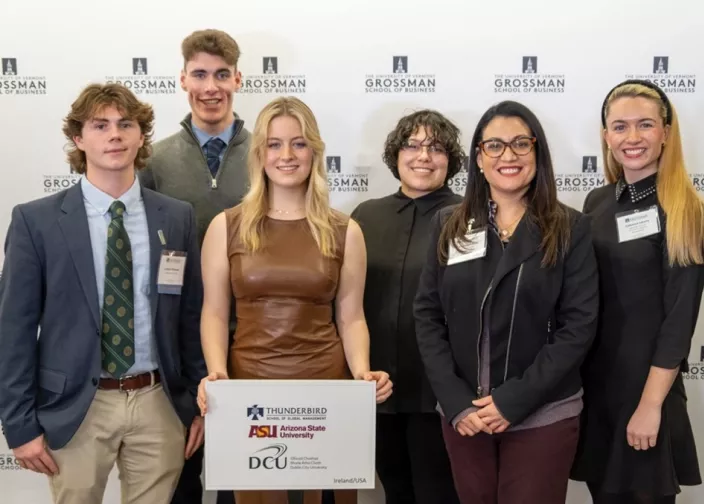 Left to right: Connor Breheny (University of Vermont), Thomas Lynch (DCU), Grace Mollaghan (DCU), Alexandra Barbosa (ASU), Eva Vázquez Ortiz (ASU), and Dr Catherine Faherty (DCU) at the Schlesinger Global Family Case Competition SG-FECC in 2023.