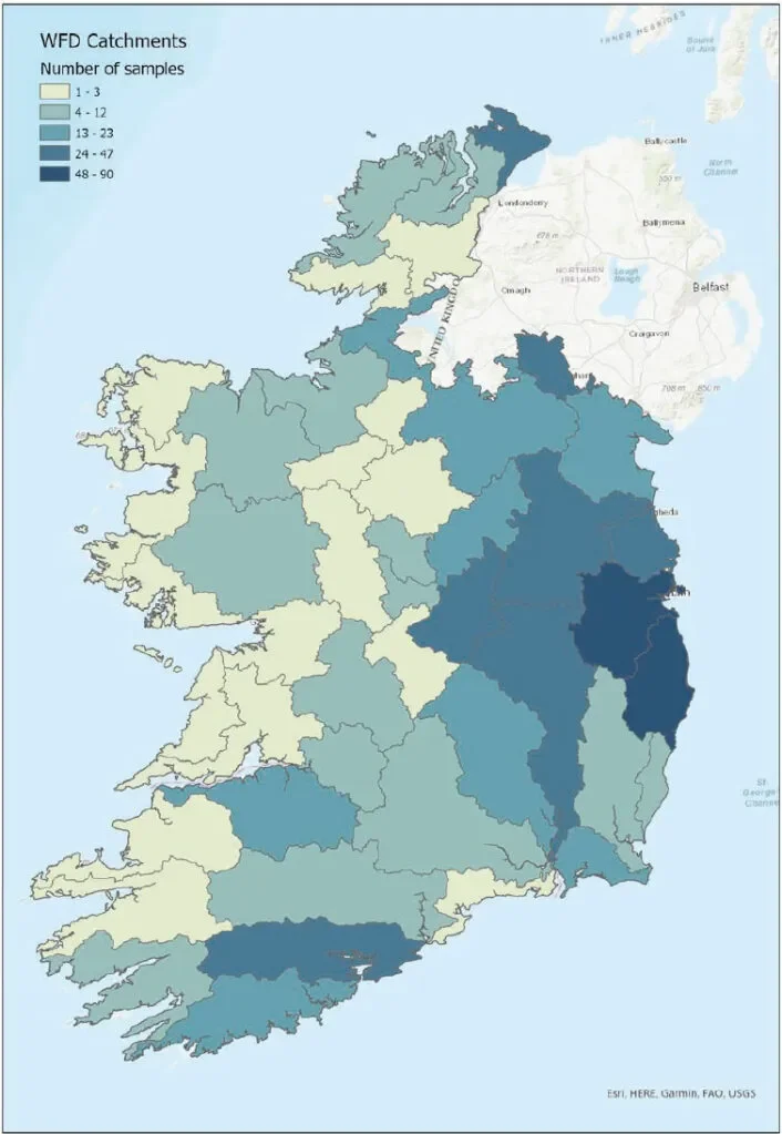 DCU Water: Figure 5. Number of WaterBlitz 2022 sampling sites within Water Framework Directive river catchments
