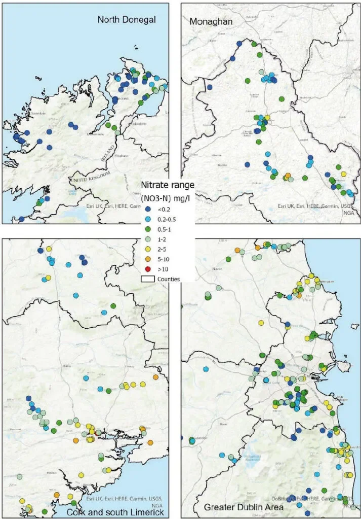 DCU Water: Figure 7. Closer look at nitrate ranges of samples at different locations during the Waterblitz.