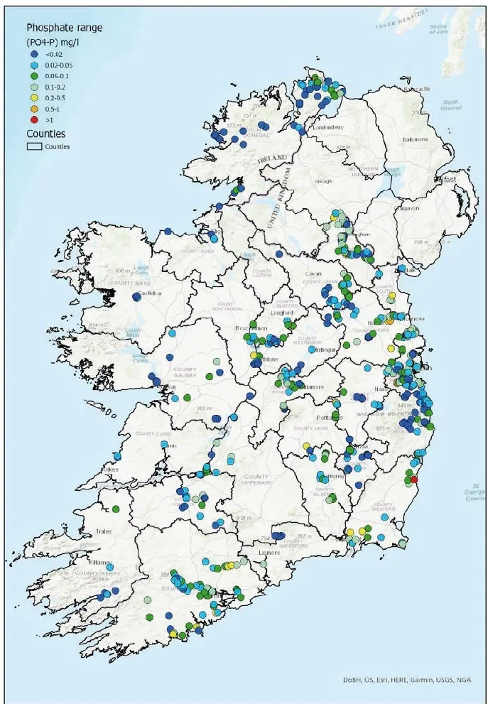 DCU Water: Figure 8. Phosphate ranges recorded across the country during the 2022 WaterBlitz.