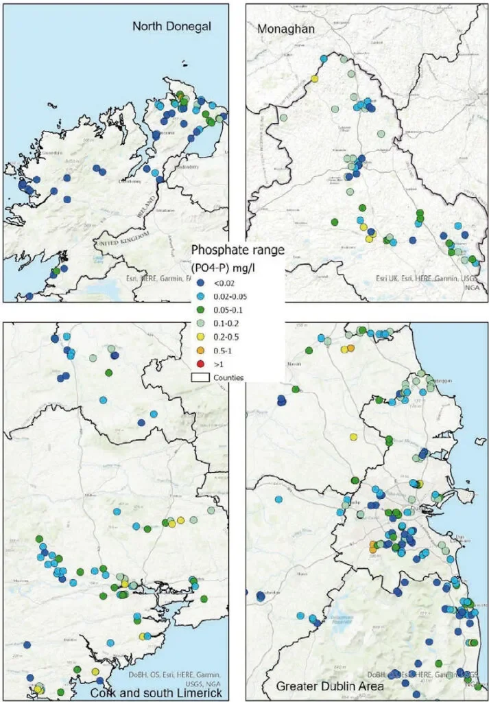 DCU Water: Figure 9. Closer look at phosphate ranges of samples at different locations during the Waterblitz.