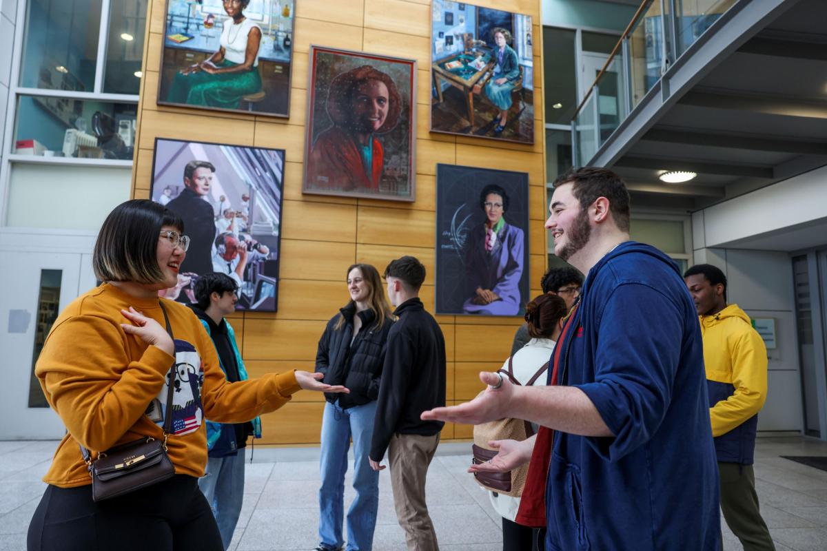 Students in engineering building