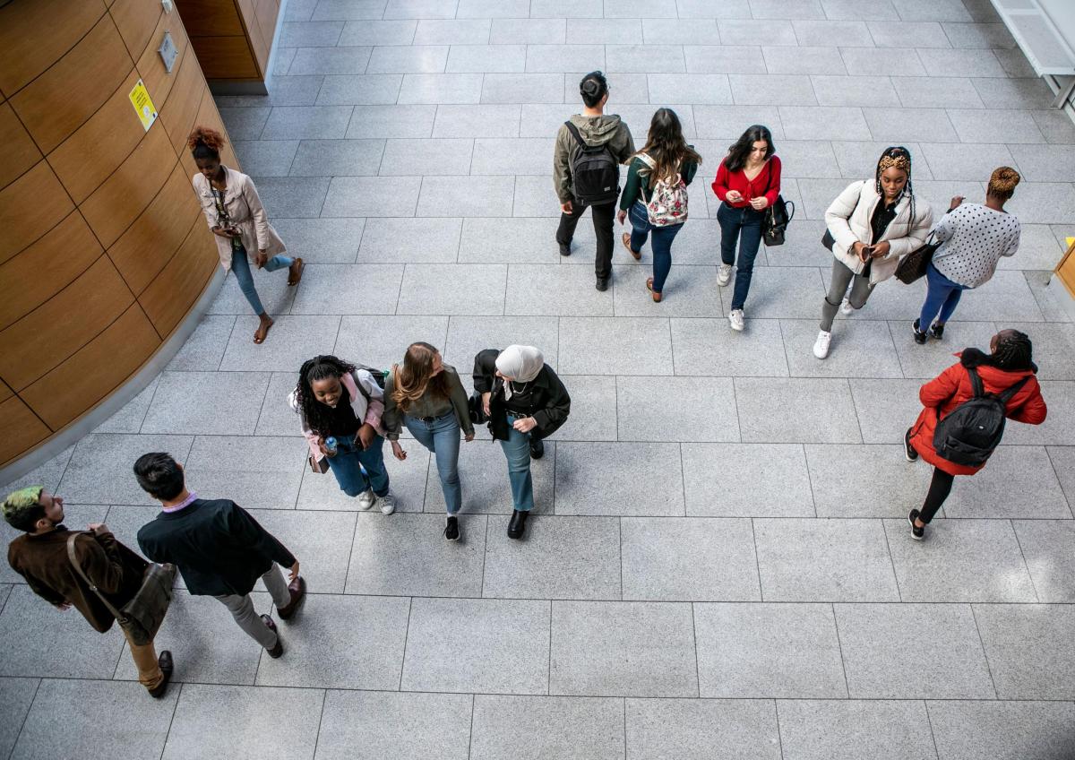 Photograph of students walking taken from above