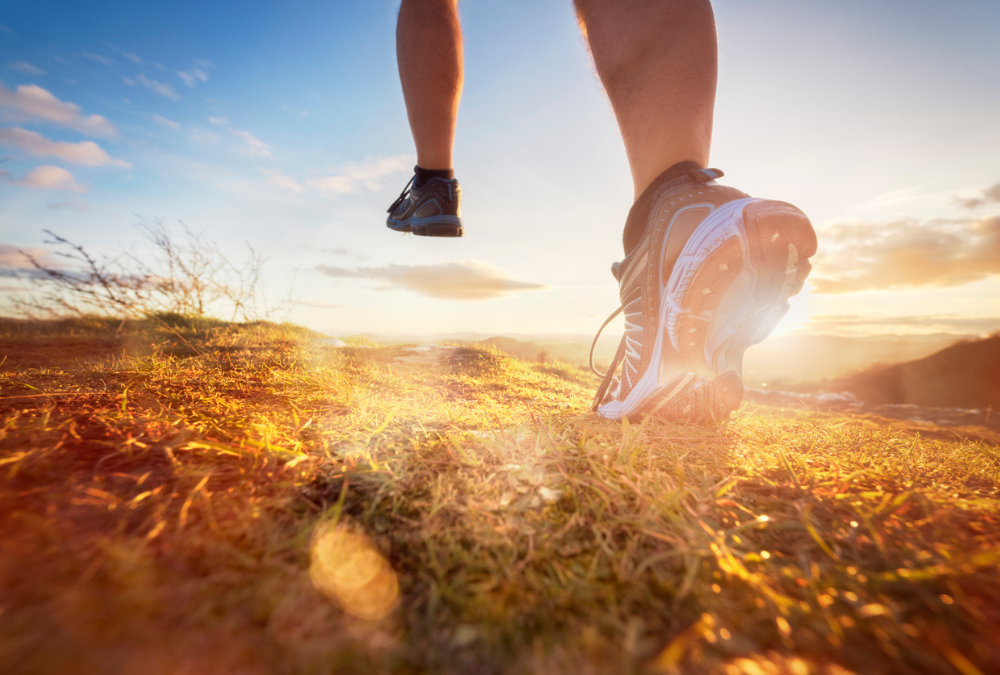 legs running on grass with sun shining