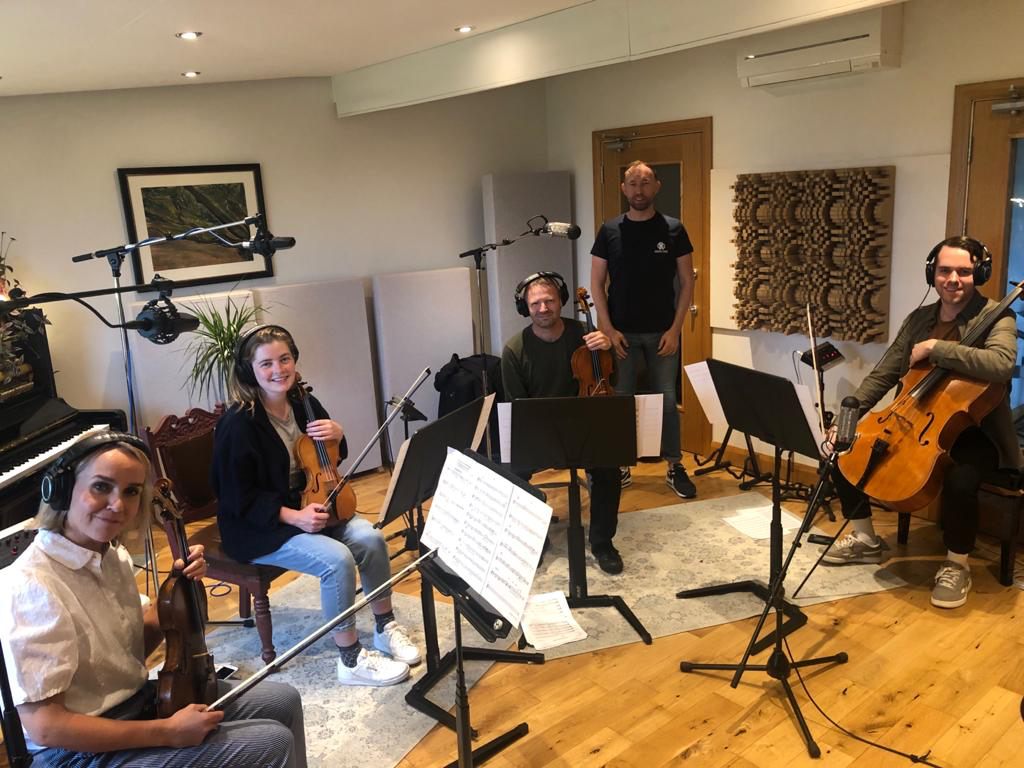Arco String Quartet with composer Francis Ward (centre, back) pictured during the studio recording of Cuimhnigh ar Sarsfield: The Wild Geese Suite.