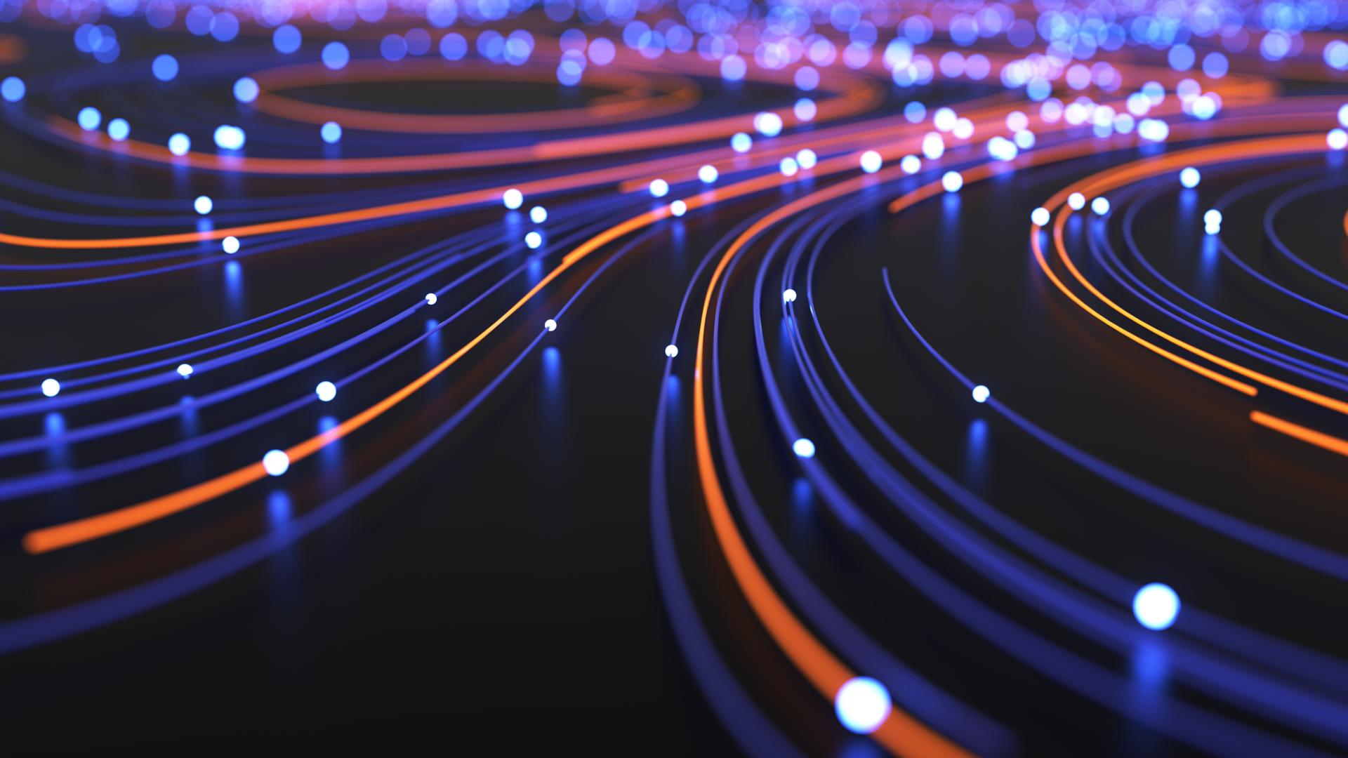 Lines representing pathways glowing with purple and orange lights.