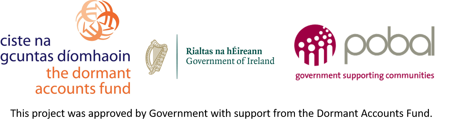Logos for Dormant Accounts fund, Government of Ireland and Pobal