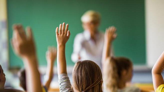 Childrens' raised hands in classroom