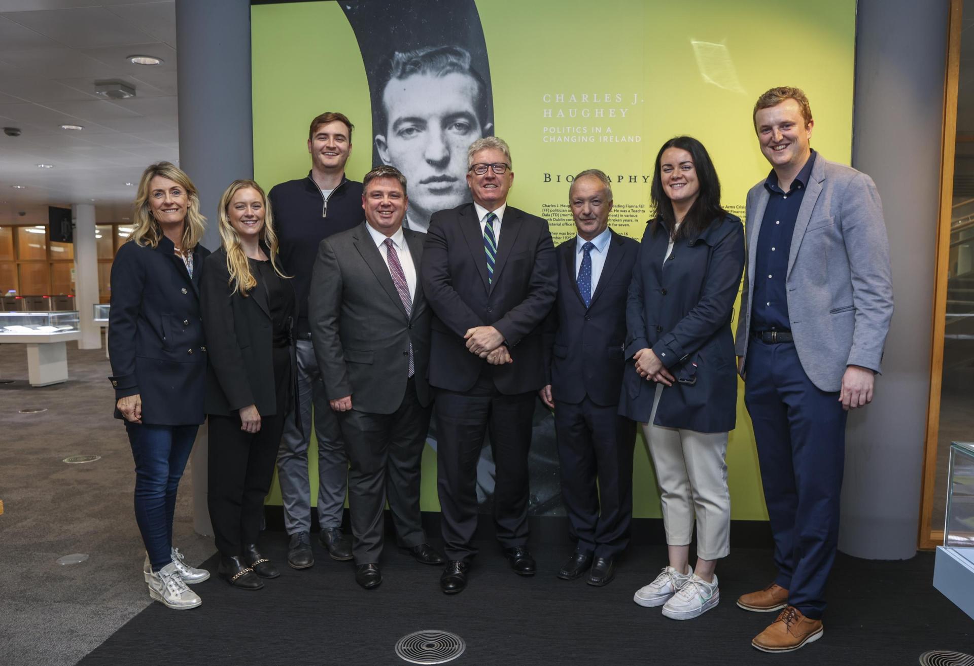President Daire Keogh pictured with members of the Haughey family at the opening of the exhibition