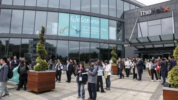 Attendees gather outside The Helix on DCU's Glasnevin campus for the 35th International Geographical Congress (IGC)