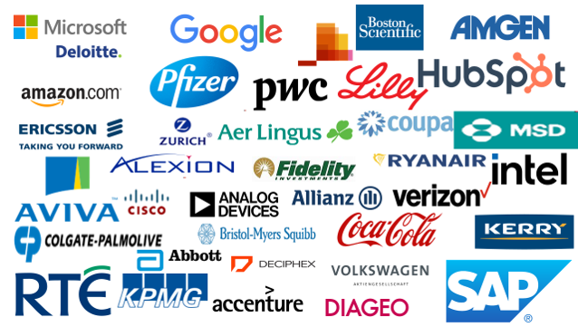 A picture comprised of many different logos of international corporations, including Google, Intel, Accenture, PWC and more.