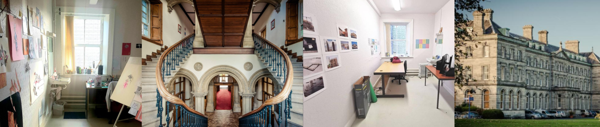 Four images. Two of small artists studios, one of a grand staircase and one of the outside of All Hallows Building - a large grey building
