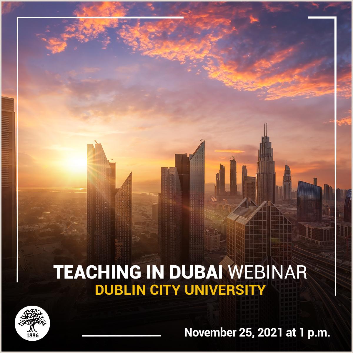 Teaching in Dubai Webinar text with Dubai buildings and skyline in the background