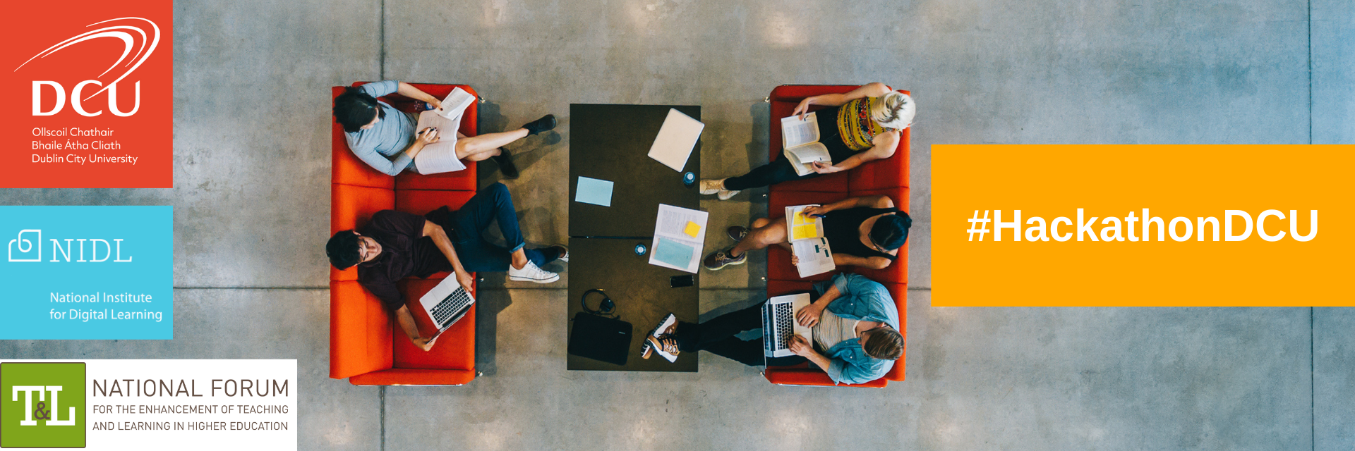 Image of people sitting around a table with laptops and books. Logos of DCU, NIDL and National Forum with the words hashtag Hackathon DCU