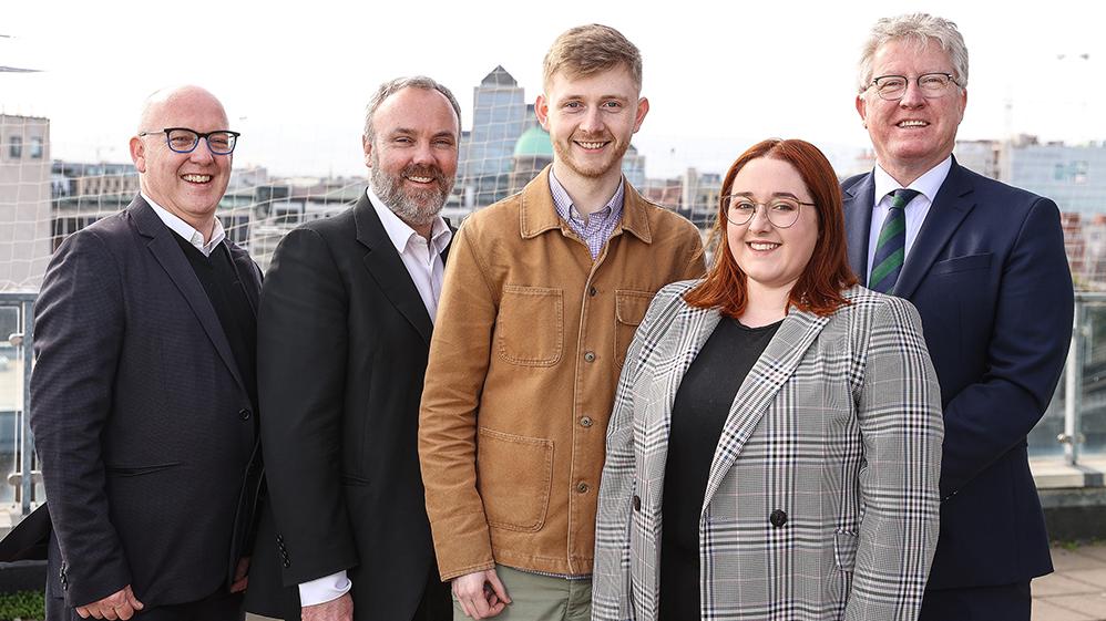 from left, Professor Kevin Rafter, DCU; Cormac Bourke, Mediahuis Ireland Editor- Chief; and Professor Daire Keogh, President, DCU.Liam Coates from Co. Cork and Erin Murphy from Co. Dublin.