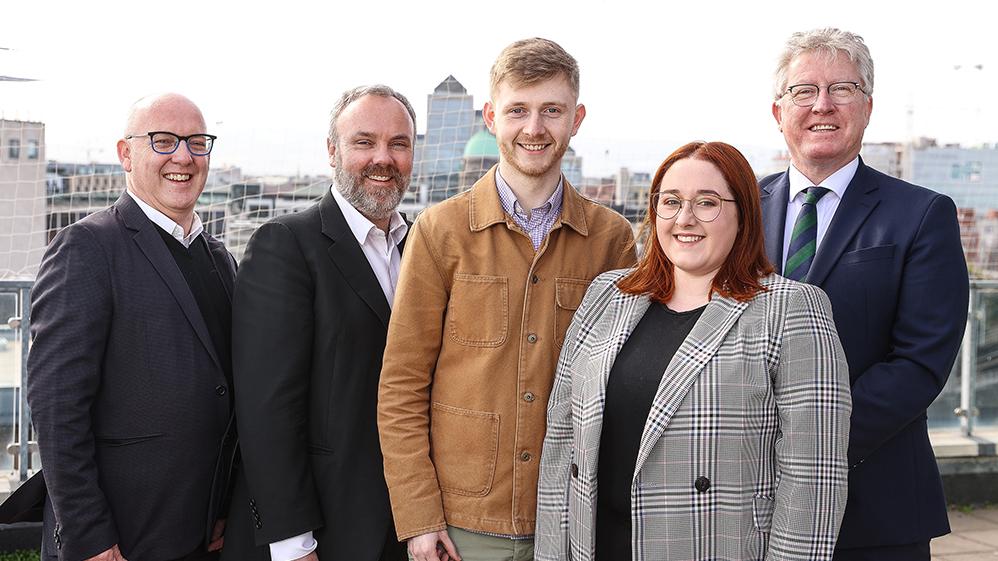 From left: Professor Kevin Rafter, DCU; Cormac Bourke, Mediahuis Ireland Editor-in-Chief; DCU journalism students Liam Coates and Erin Murphy, and President of DCU Professor Daire Keogh. Photo: Gerry Mooney. 