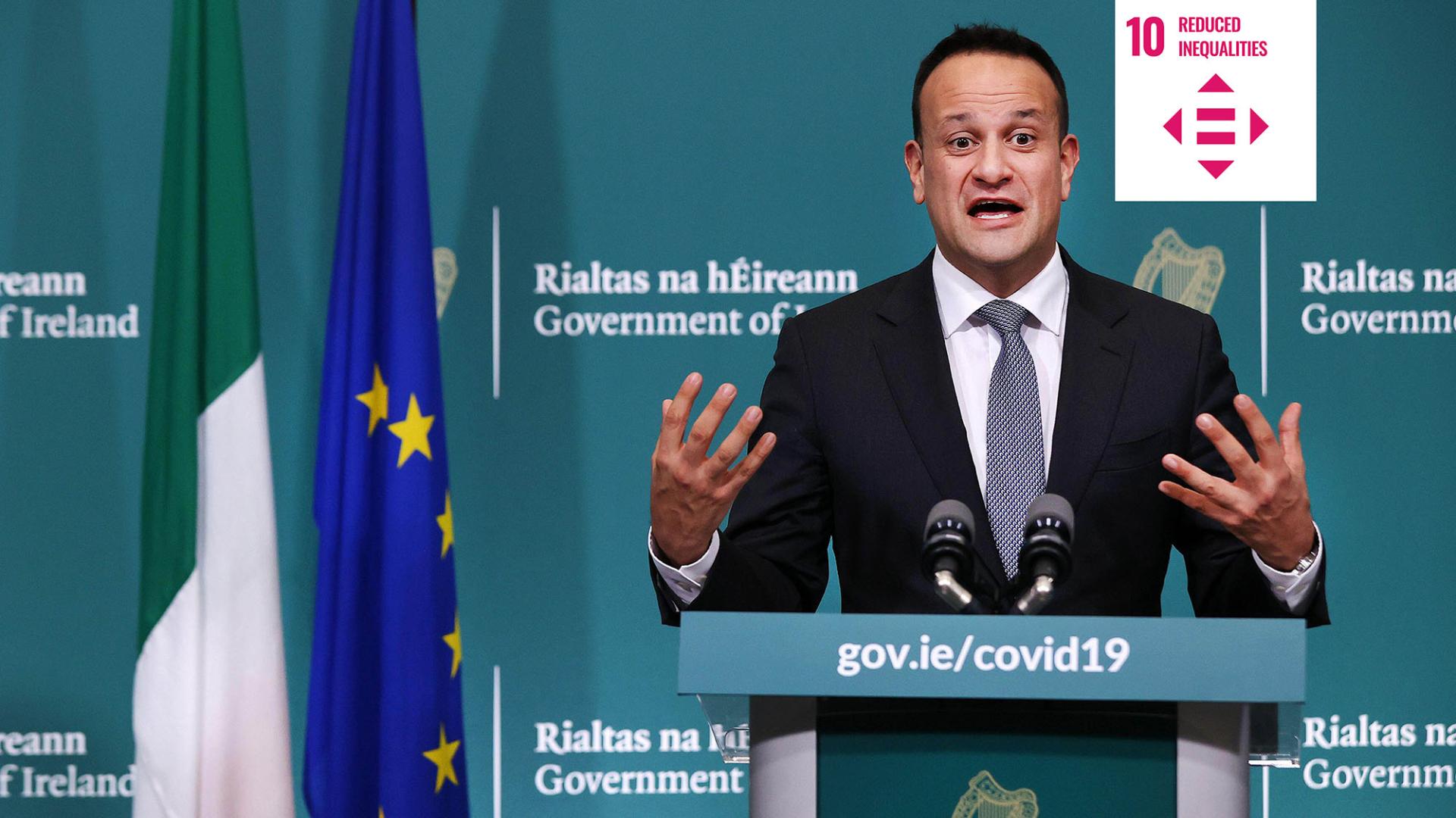 Shows Leo Varadkar giving a public address during the Covid-19 pandemic with icon signifying UN Sustainable development goal 10