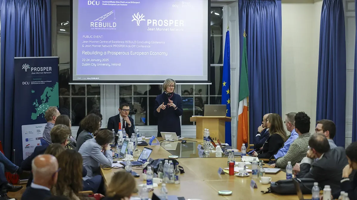 Mairead McGuinness, the outgoing European Commissioner for Financial Stability, Financial Services and Capital Markets Union, and the former First Vice President of the European Parliament, speaking at the conference.
