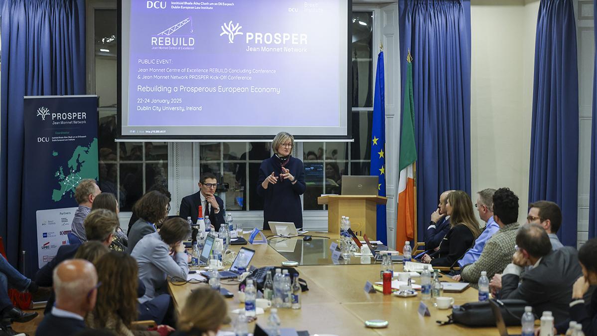 Mairead McGuinness, the outgoing European Commissioner for Financial Stability, Financial Services and Capital Markets Union, and the former First Vice President of the European Parliament, speaking at the conference.
